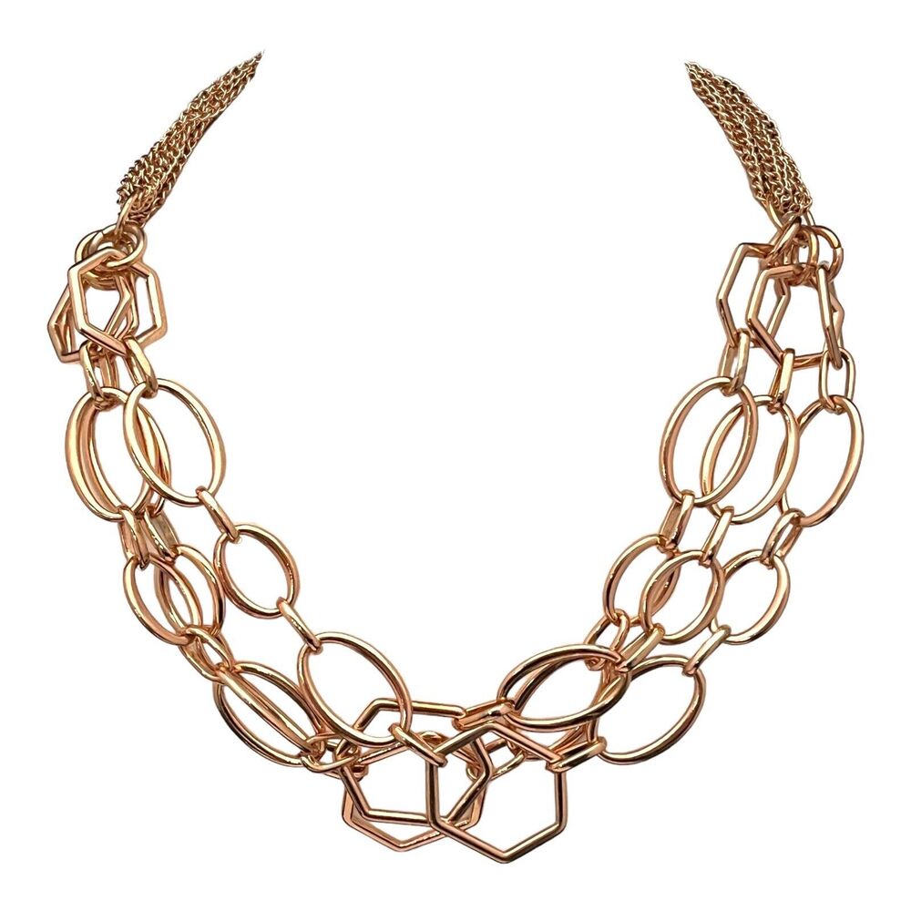 New Multi Strand Necklace Rose Gold Tone Geometric Shapes - 5L